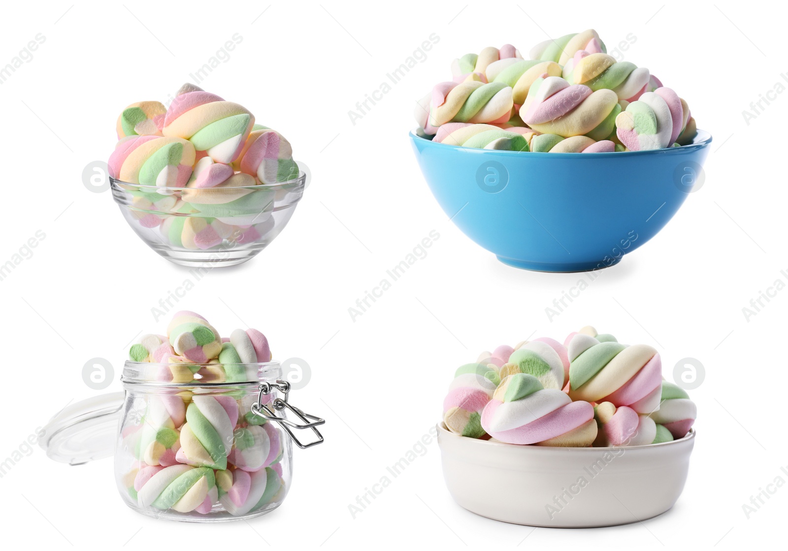 Image of Set with tasty colorful marshmallows on white background