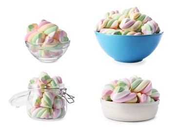 Image of Set with tasty colorful marshmallows on white background