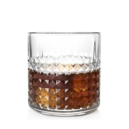 Photo of Glass of scotch whiskey on white background