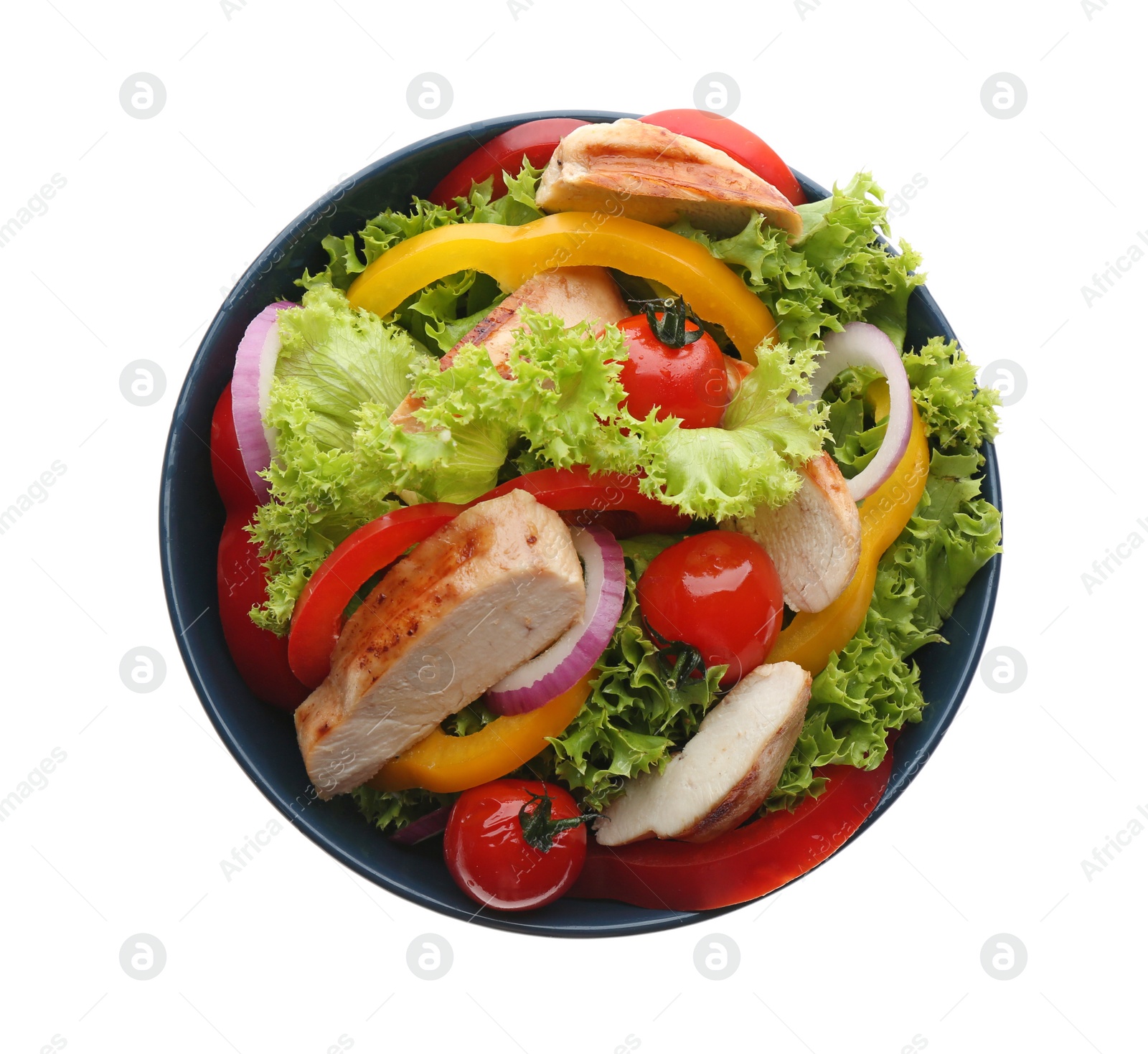 Photo of Delicious salad with chicken and vegetables in bowl isolated on white, top view