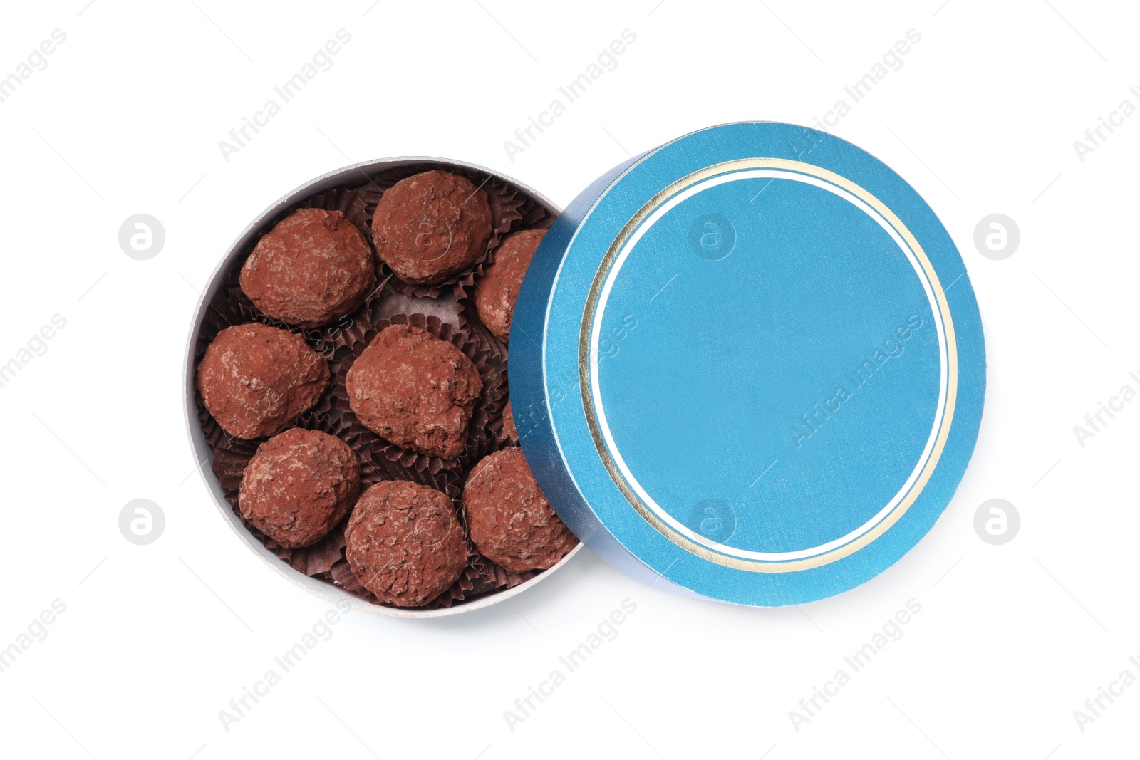 Photo of Box with tasty chocolate truffle candies isolated on white, top view