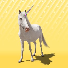 Image of Trendy art collage. Beautiful unicorn on color background