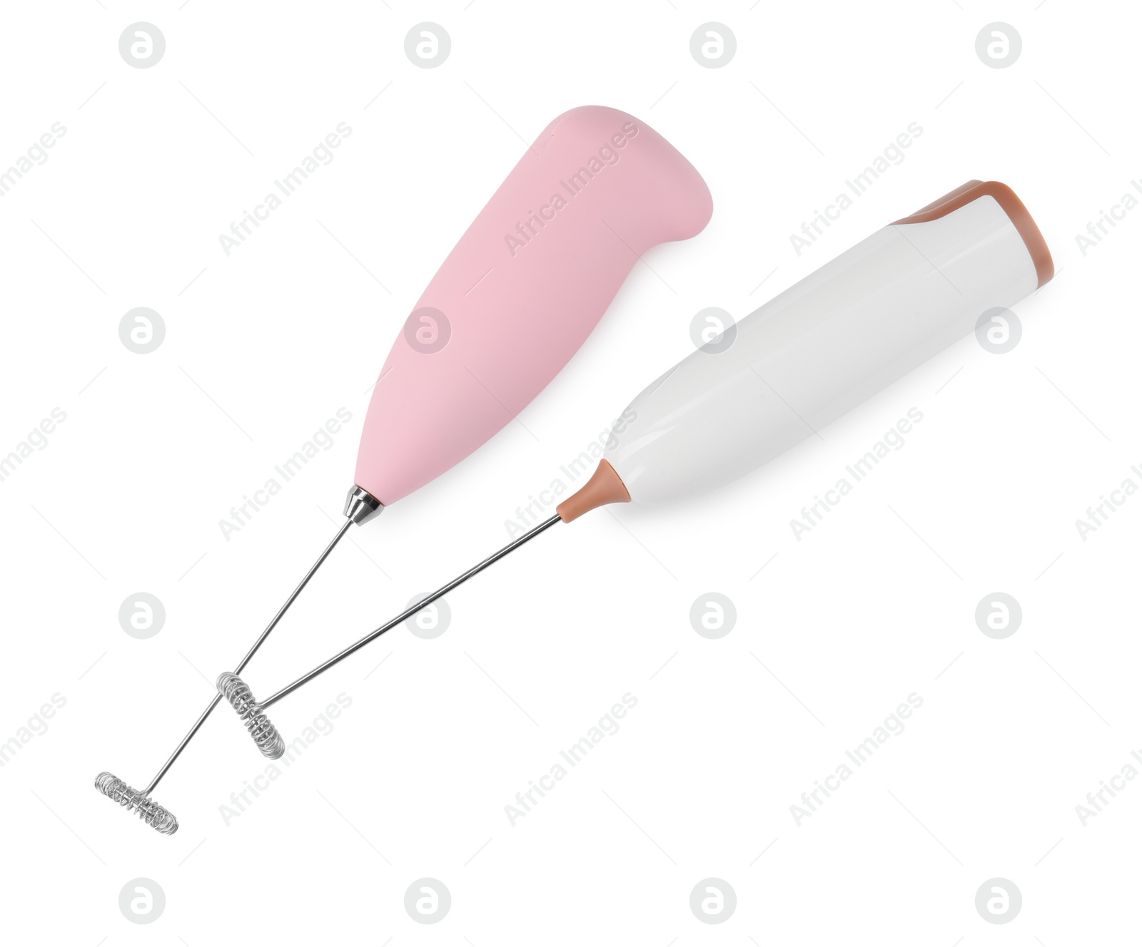 Photo of Two milk frother wands isolated on white, top view