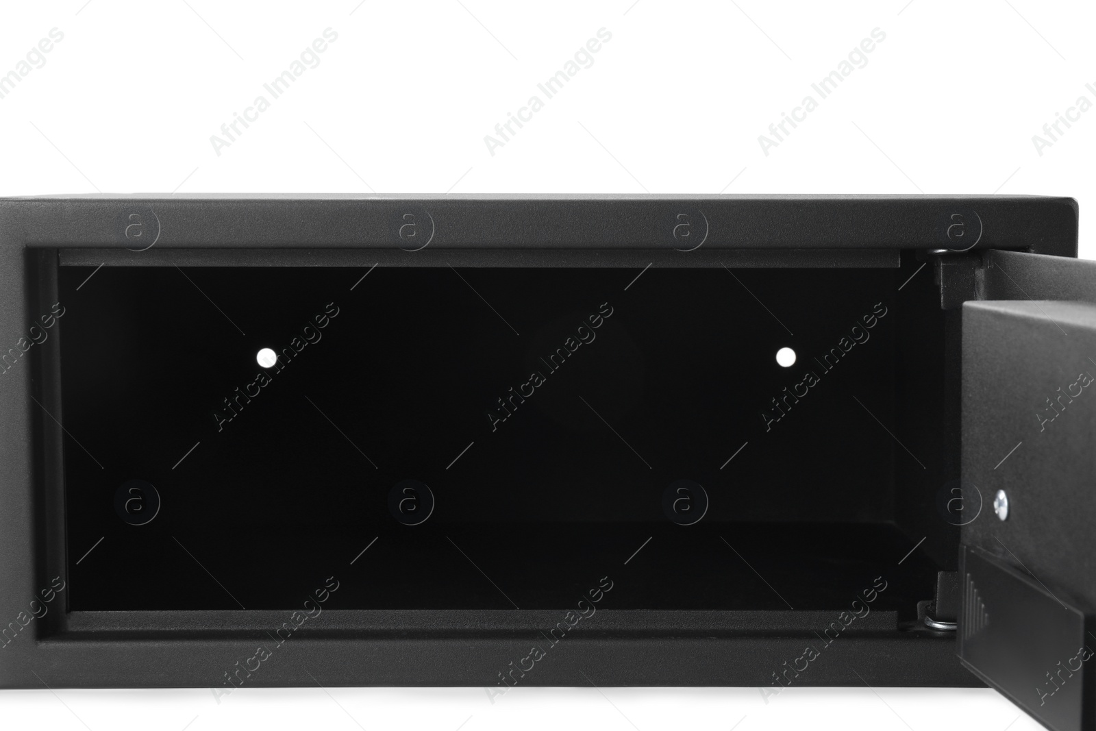 Photo of Empty black steel safe isolated on white