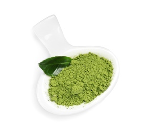 Photo of Bowl with powdered matcha tea and green leaf on white background