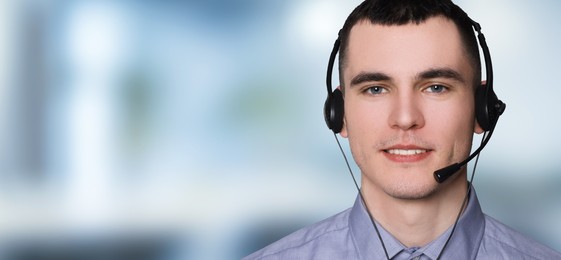 Image of Hotline operator with headset in office, space for text. Banner design