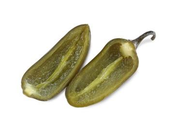 Photo of Halves of pickled green jalapeno isolated on white, top view