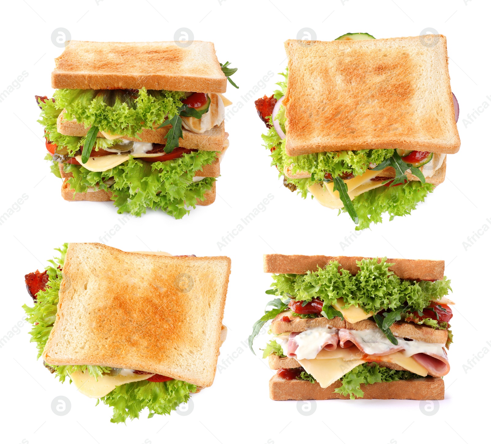 Image of Set of toasted bread with different toppings on white background