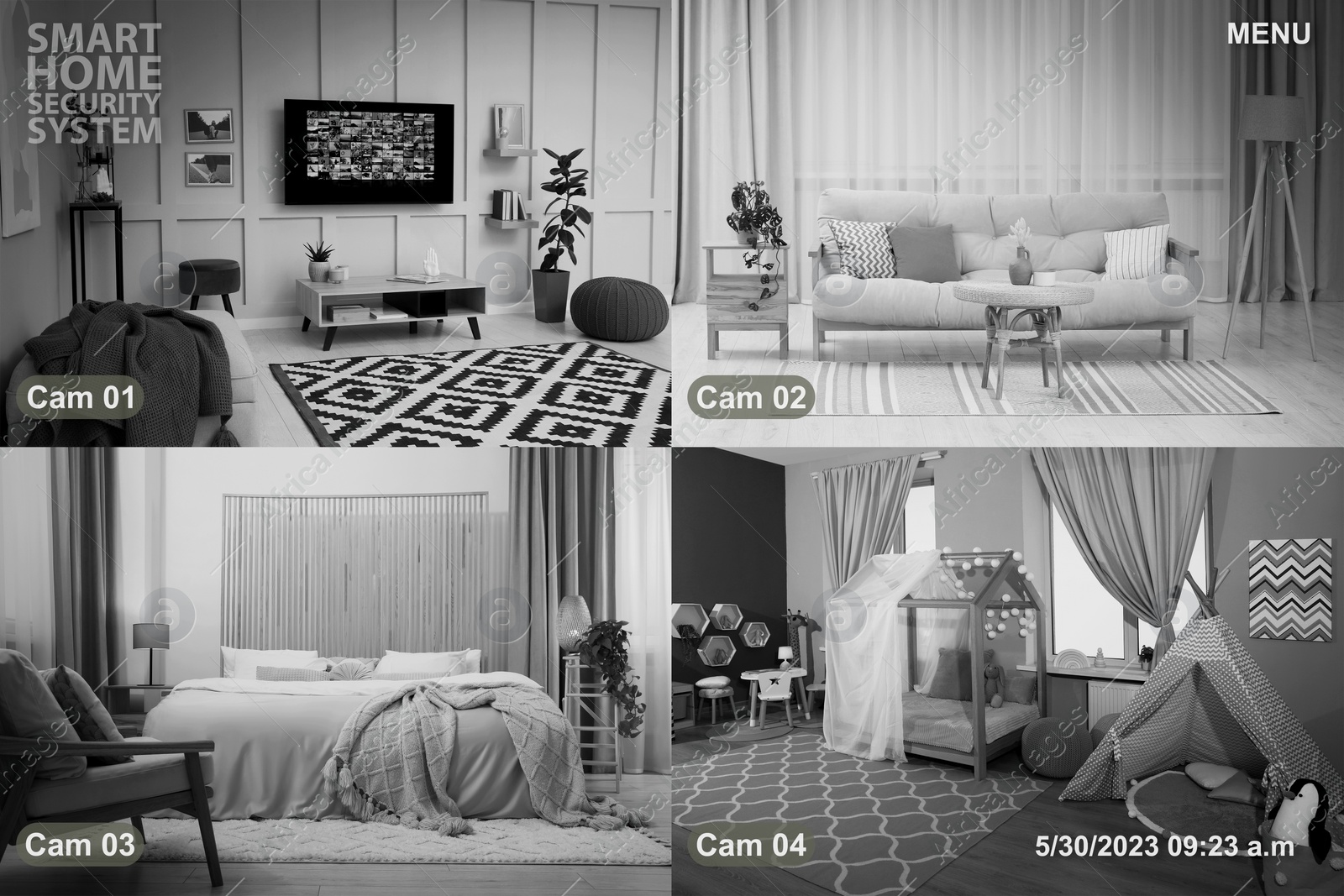 Image of Smart home security system. Different rooms, view from cameras in house