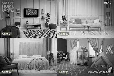 Image of Smart home security system. Different rooms, view from cameras in house