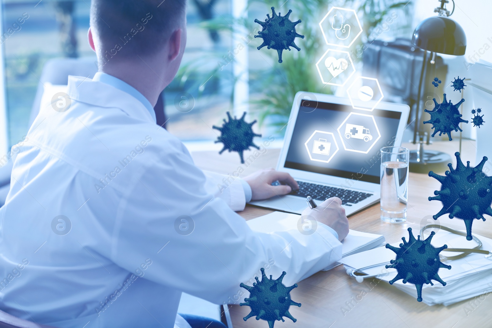 Image of Medical technology concept. Scientist working on laptop in office, closeup