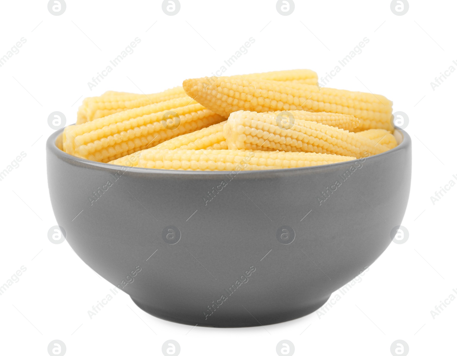 Photo of Bowl of pickled baby corn isolated on white