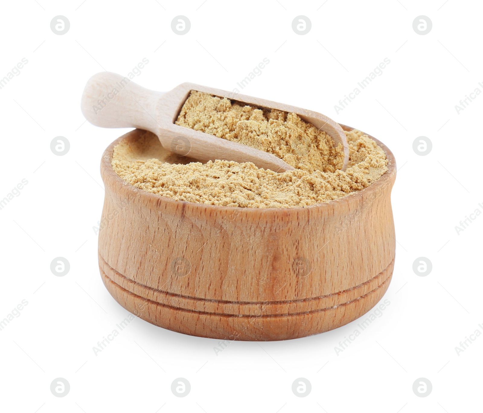 Photo of Wooden scoop and bowl with aromatic mustard powder on white background