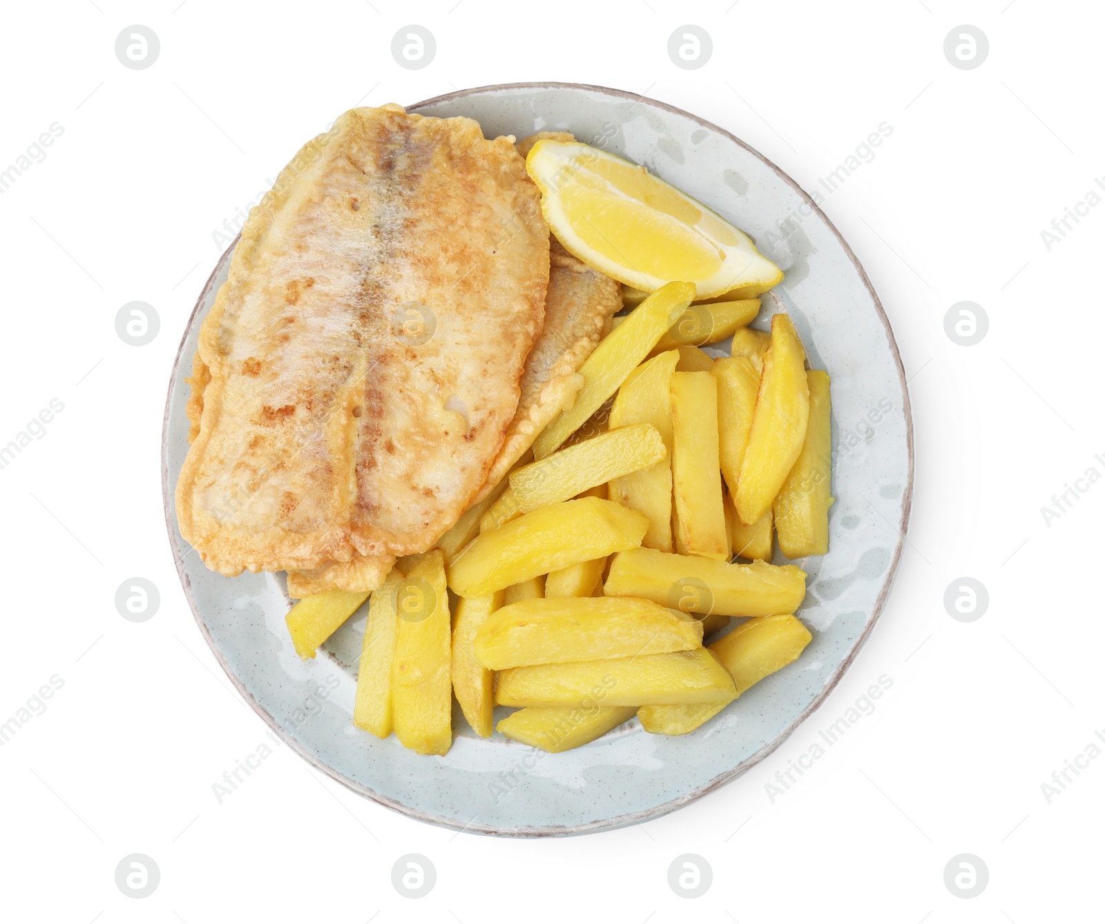 Photo of Delicious fish and chips with lemon wedge isolated on white, top view