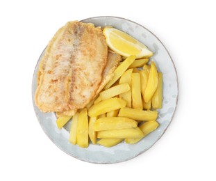 Photo of Delicious fish and chips with lemon wedge isolated on white, top view