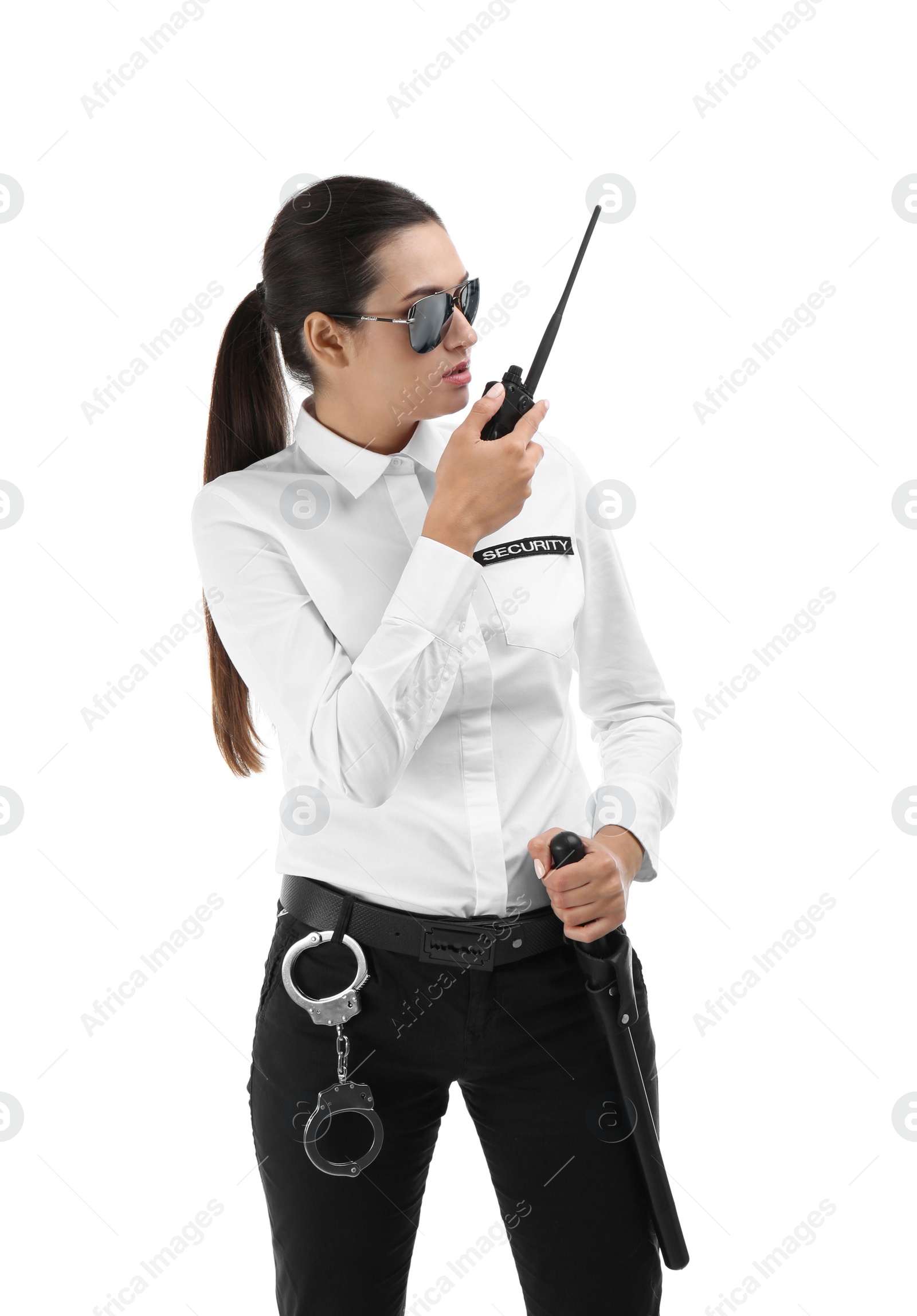 Photo of Female security guard using portable radio transmitter on white background