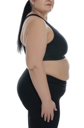 Photo of Obese woman on white background, closeup. Weight loss surgery