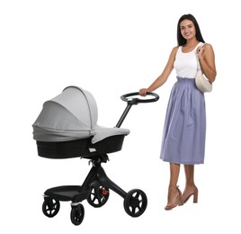 Happy young woman with baby stroller on white background