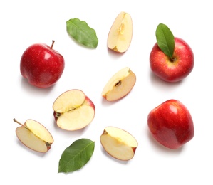 Photo of Ripe red apples on white background, flat lay