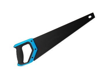 Photo of New hand saw on white background. Professional construction tool