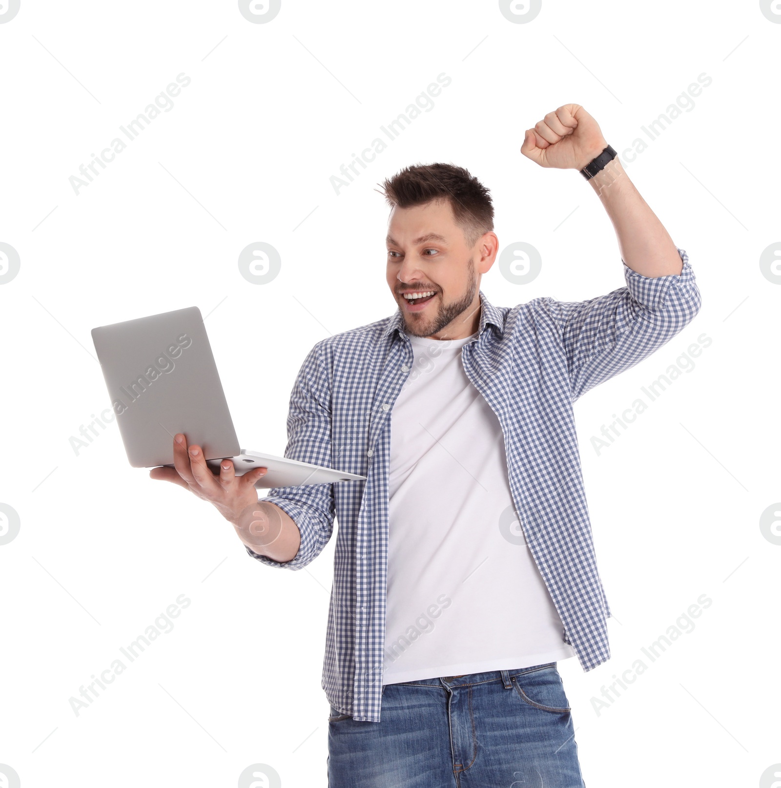 Photo of Emotional man with laptop on white background