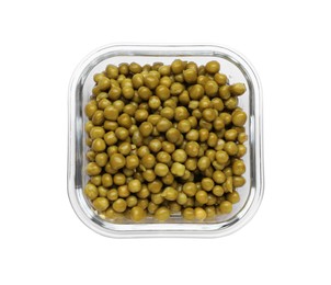 Glass container with tasty peas isolated on white, top view