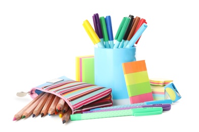 Photo of Set of different school stationery on white background