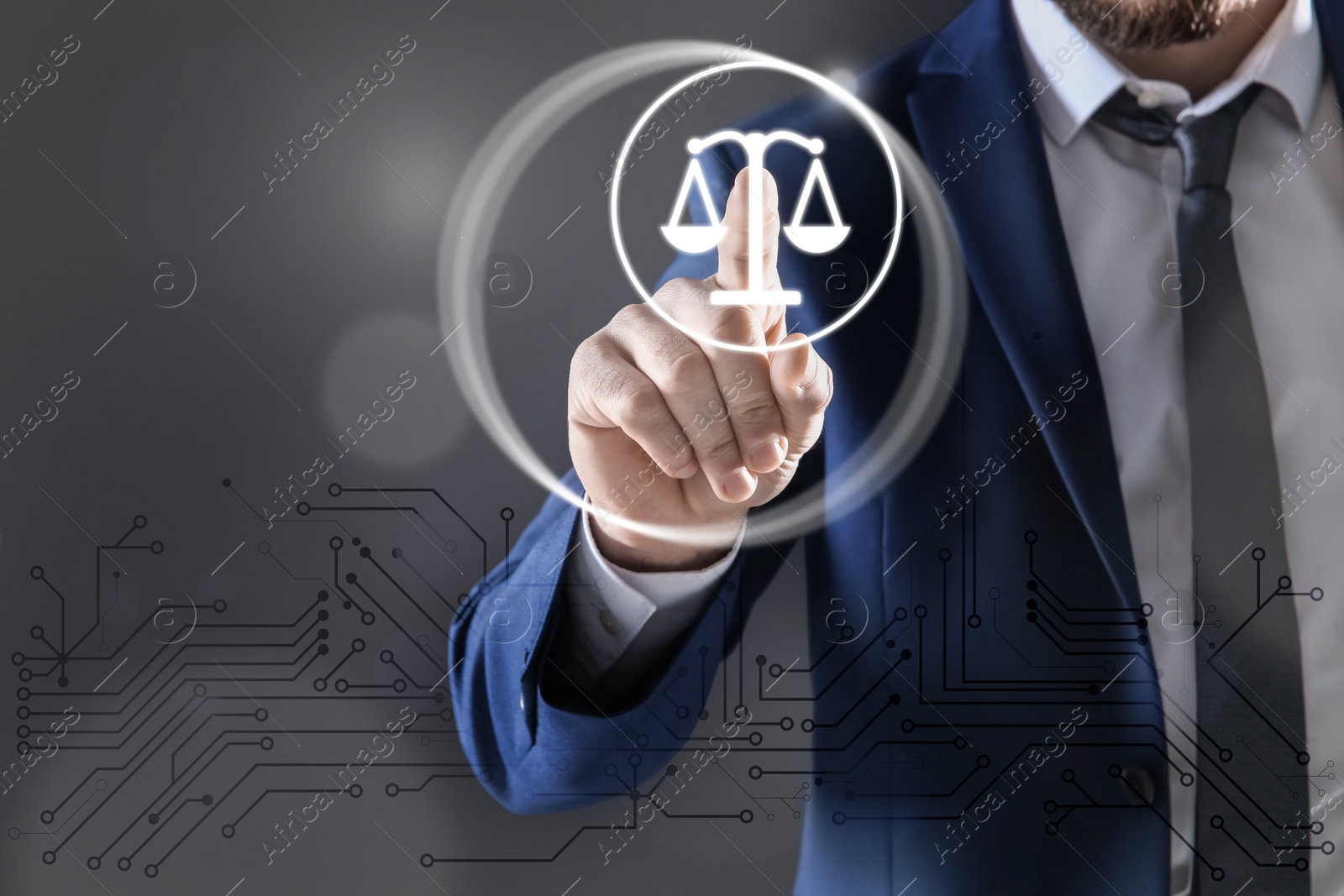 Image of Lawyer touching virtual screen against dark background, closeup 
