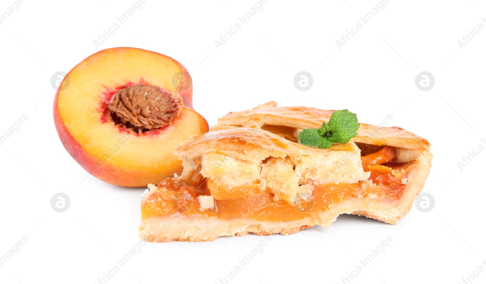 Photo of Slice of delicious peach pie and fresh fruit isolated on white