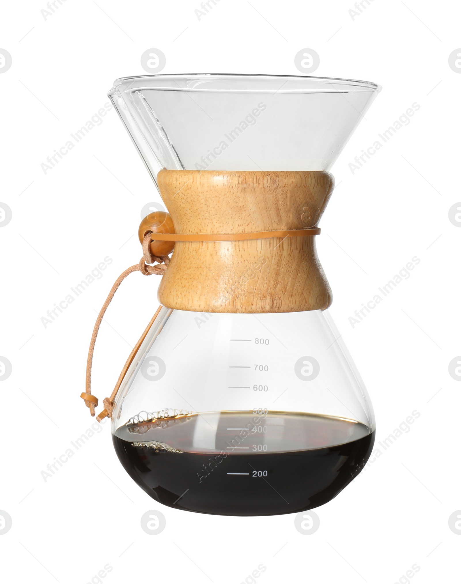 Photo of Glass chemex coffeemaker with coffee isolated on white