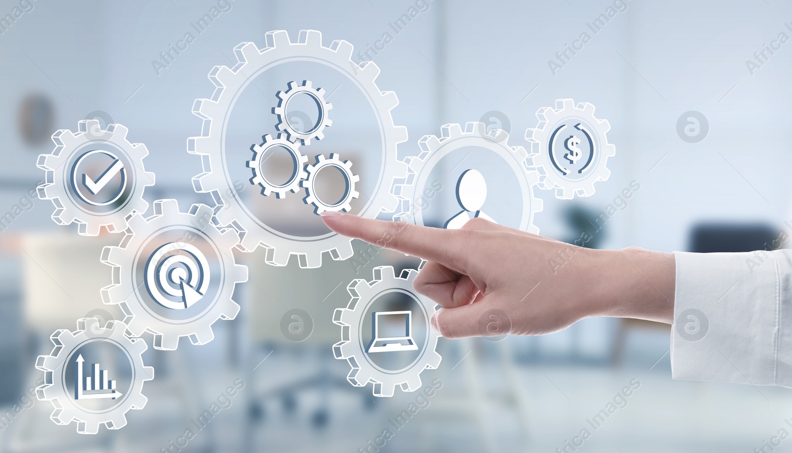 Image of Business process. Woman touching virtual screen with different icons in office, closeup