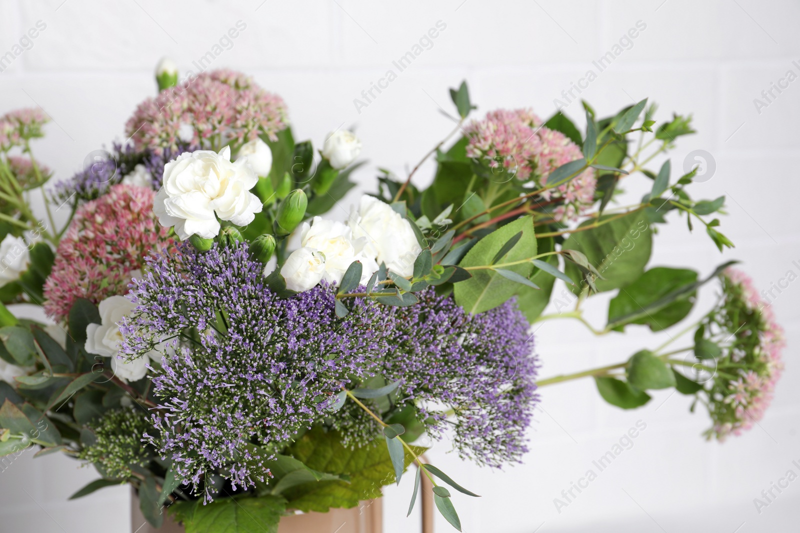 Photo of Bouquet of beautiful flowers on white background, closeup