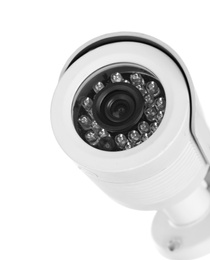 Modern security CCTV camera on white background