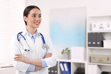 Photo of Medical consultant with stethoscope in clinic, space for text