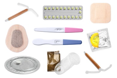 Oral contraceptives, patches, condoms, intrauterine devices and ovulation tests isolated on white, collage. Different birth control methods