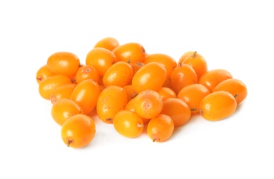 Photo of Fresh ripe sea buckthorn berries on white background