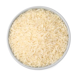 Raw rice in bowl isolated on white, top view