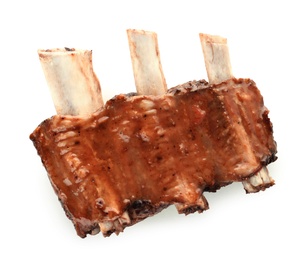 Photo of Fried ribs on white background, top view. Delicious meat