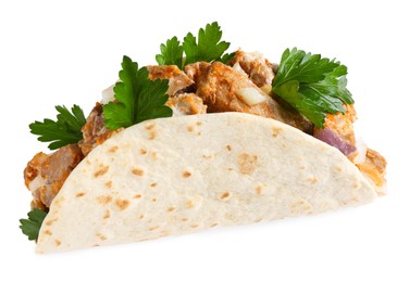 Photo of Delicious taco with meat and parsley isolated on white