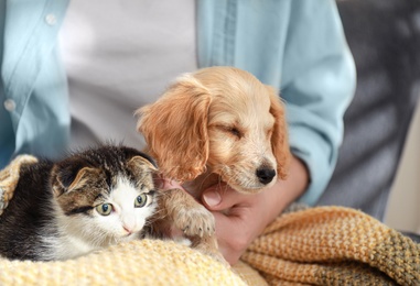 Photo of Owner with adorable little kitten and puppy, closeup