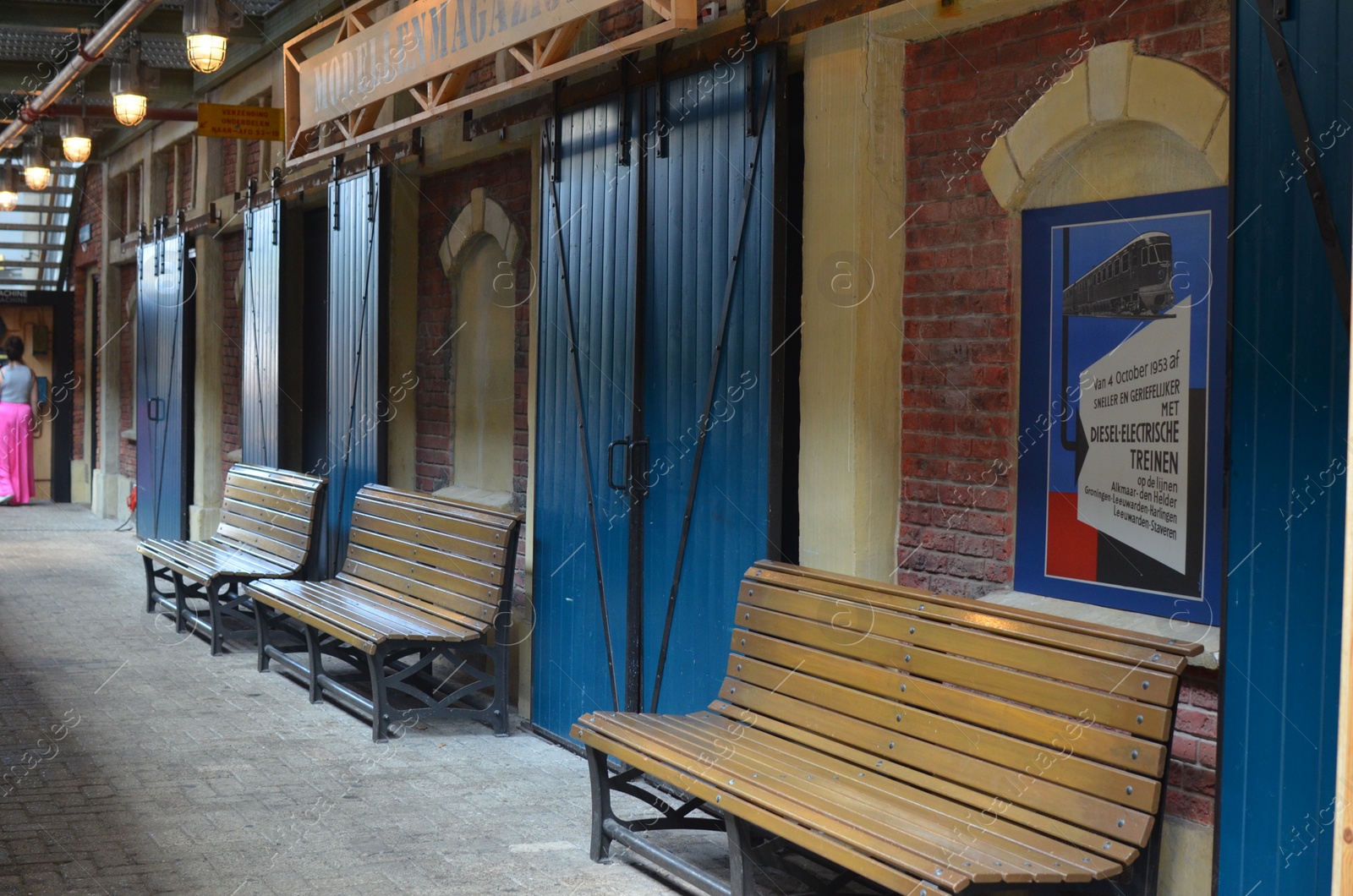 Photo of Utrecht, Netherlands - July 23, 2022: Spoorwegmuseum. Location with wooden benches at railway station