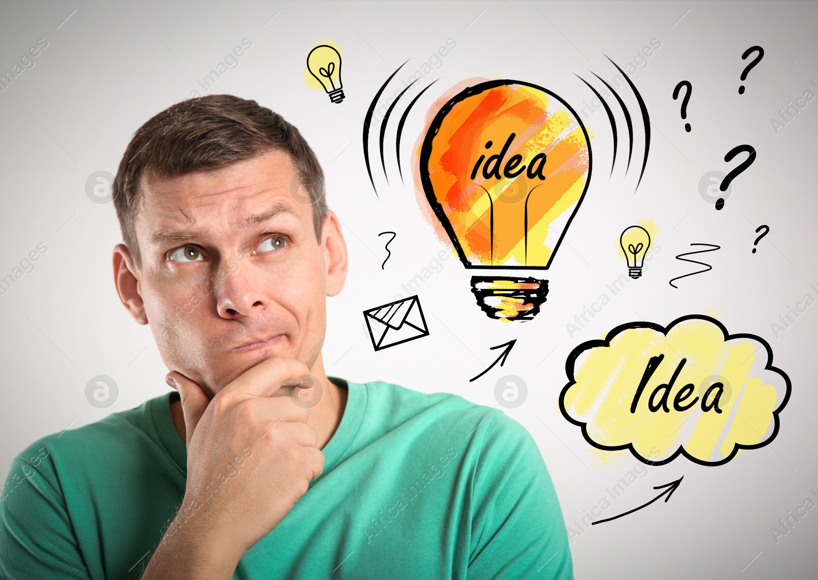 Image of Creative illustration and thoughtful man in casual outfit on light background. Business idea