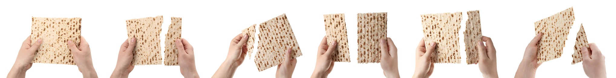 Image of Collage with photos of women holding matzos on white background, closeup. Pesach (Passover) celebration