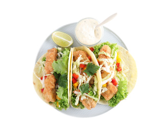 Yummy fish tacos with sauce isolated on white, top view