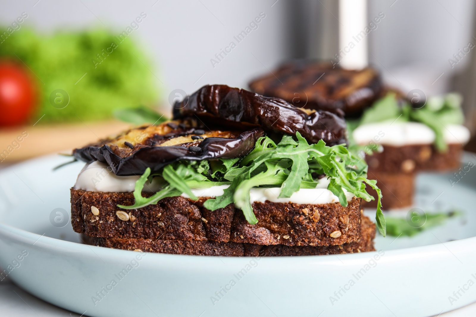 Photo of Delicious fresh eggplant sandwiches on plate, closeup