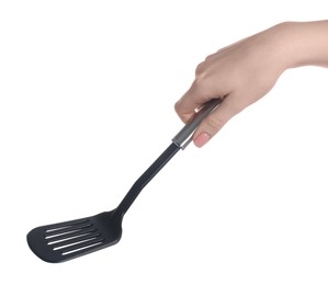 Photo of Woman with black spatula on white background, closeup