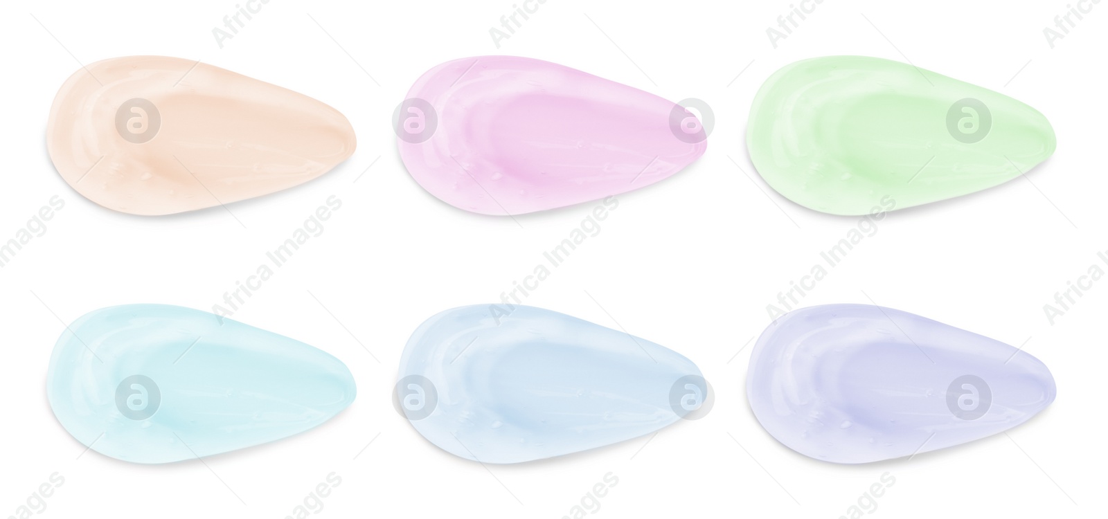 Image of Set with samples of cosmetic gels on white background, top view