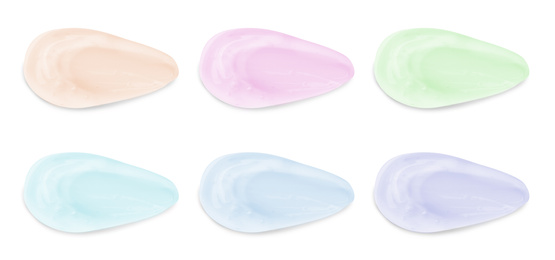 Image of Set with samples of cosmetic gels on white background, top view