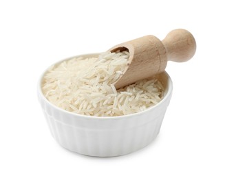 Raw basmati rice in bowl and scoop isolated on white