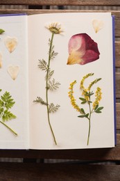 Book with dried flowers and leaves on wooden table, top view